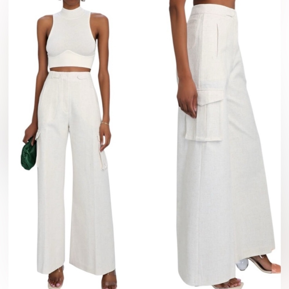 Torn by Ronny Kobo Wide Leg Cargo Pant Linen Blend Bernee $350 large stone color